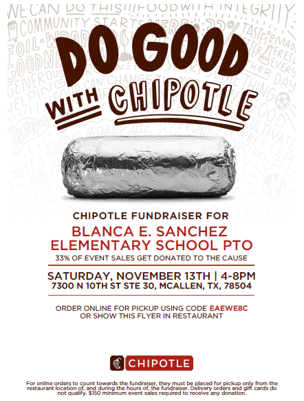 scholarpride's tweet photo. Just a reminder that we have Chipotle Spirit night coming up on Saturday, November 13th from 4-8pm!
#CHIPOTLESPIRITNIGHT
#PTO https://t.co/7e1Wn79ZCr
