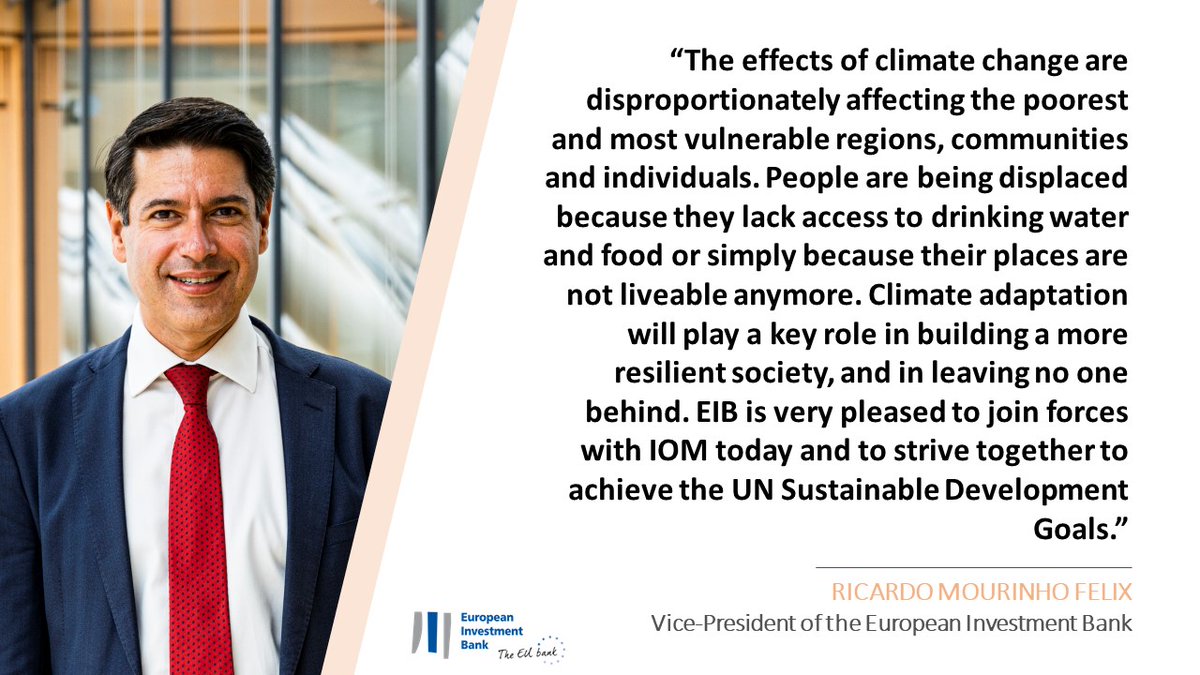 EIB's tweet photo. The links between #ClimateChange &amp; human mobility are more visible than ever.
Our first partnership with @UNmigration will increase our collaboration in the field of migration and #ClimateAdaptation &amp; support the economic integration of migrants. https://t.co/4APjSTFzEf #COP26 https://t.co/IA3PoUM044