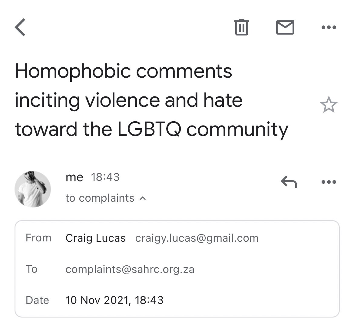 Craigycracks's tweet photo. Hey guys. Please go report that guy to the human rights commission for spreading hate speech and inciting violence. The email address is complaints@sahrc.org.za 
Dm and I will send screenshots and videos you may attach as evidence (I don’t want to post it here as it’s triggering) https://t.co/YvGtYGAVAd