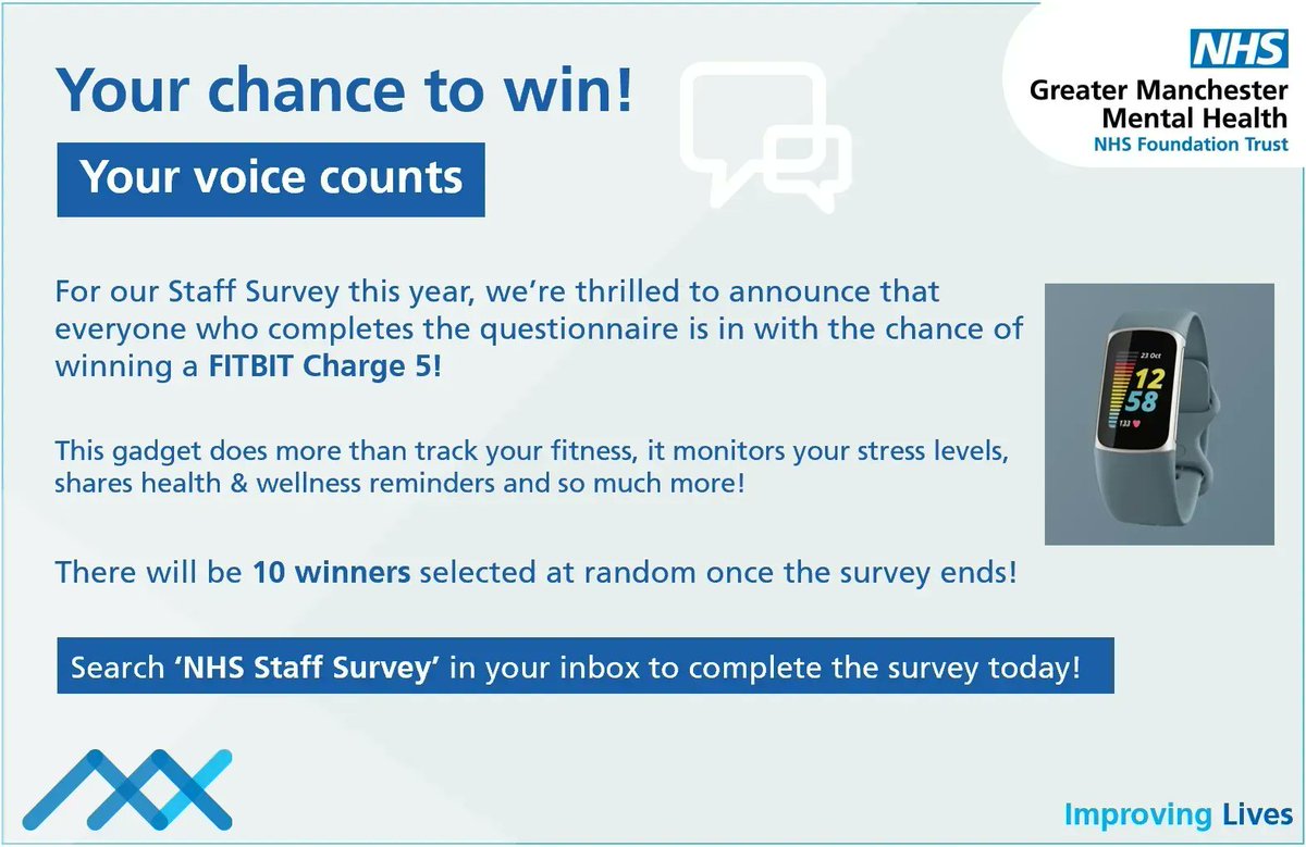 GMMH_NHS's tweet photo. Your chance to win! 🏆
GMMH Staff are in with the chance of winning a FITBIT watch by completing the Staff Survey this year! Ten winners will be selected at random once the survey ends. ⌚️
Search 'NHS Staff Survey' in your inbox to complete your survey! https://t.co/ioEzsDylXp