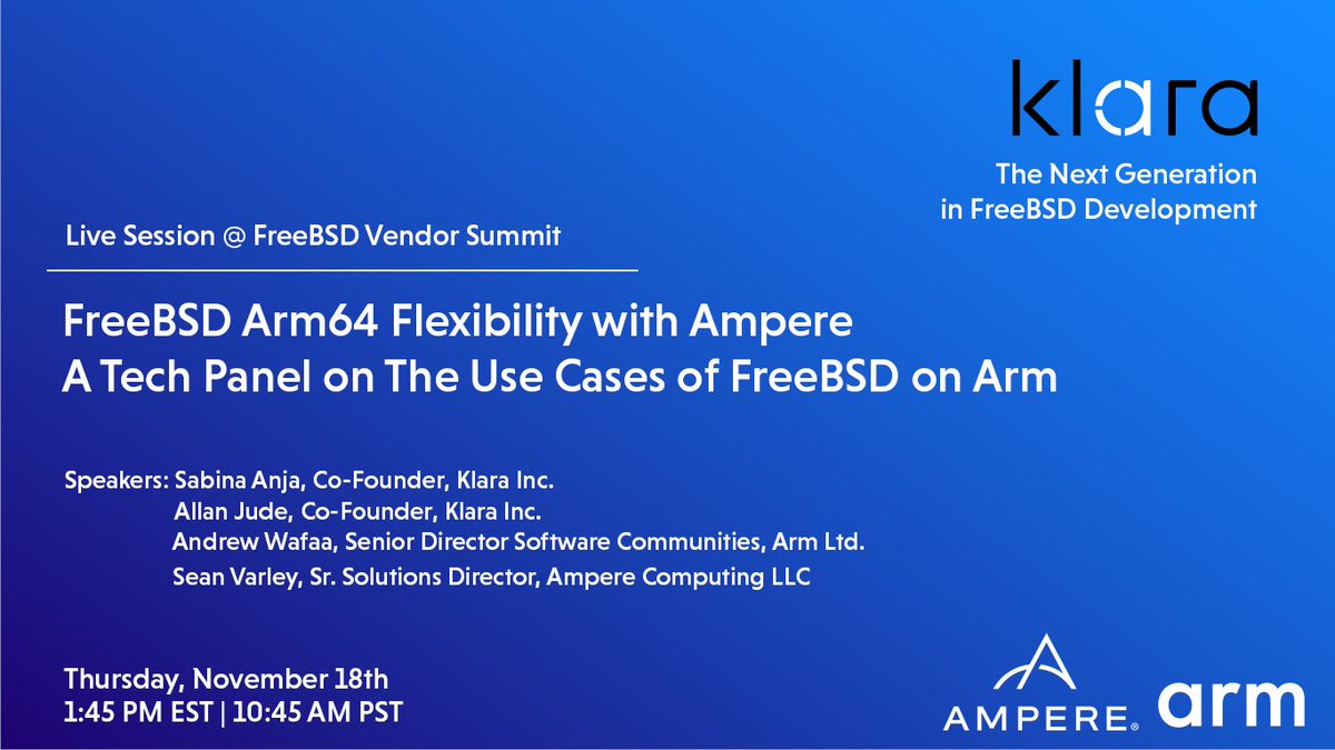 Check us out at the upcoming #FreeBSD Vendor Summit! Our panel hosts @Sabina_anja and <a href="/allanjude/">Allan Jude</a> enter a conversation with <a href="/awafaa/">Andrew Wafaa</a> and Sean Varley on how to leverage a disruptive, legacy-free arch, built for the cloud and running on #FreeBSD.

Sign up!
bit.ly/3wrLUMR