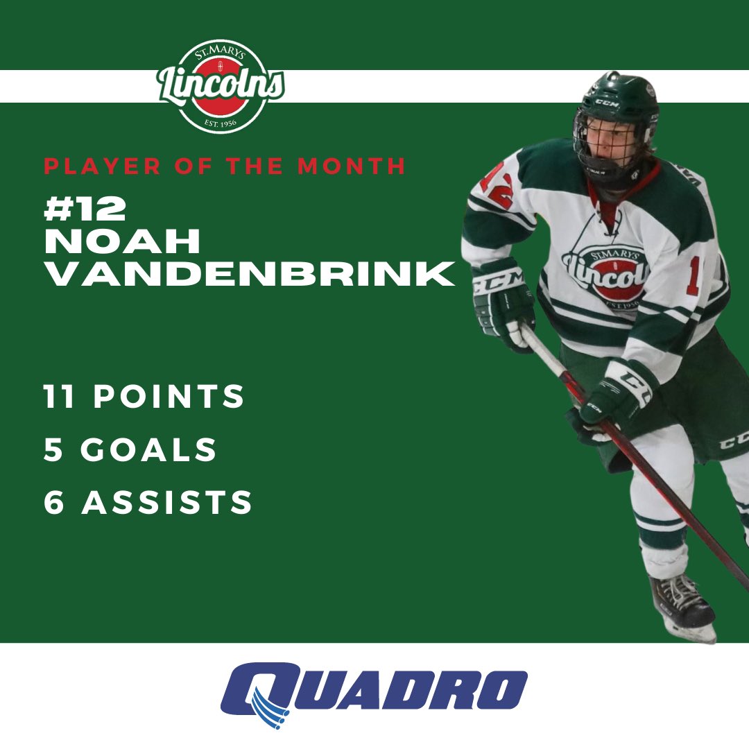 Your <a href="/QuadroNews/">Quadro Communications</a> Player of the Month for October is Noah VandenBrink! <a href="/NoahVandenBrink/">Noah VandenBrink</a> posted 5 goals and 6 assists for 11 points while also making his <a href="/BulldogsOHL/">Brantford Bulldogs</a> debut #QuadroPOTM