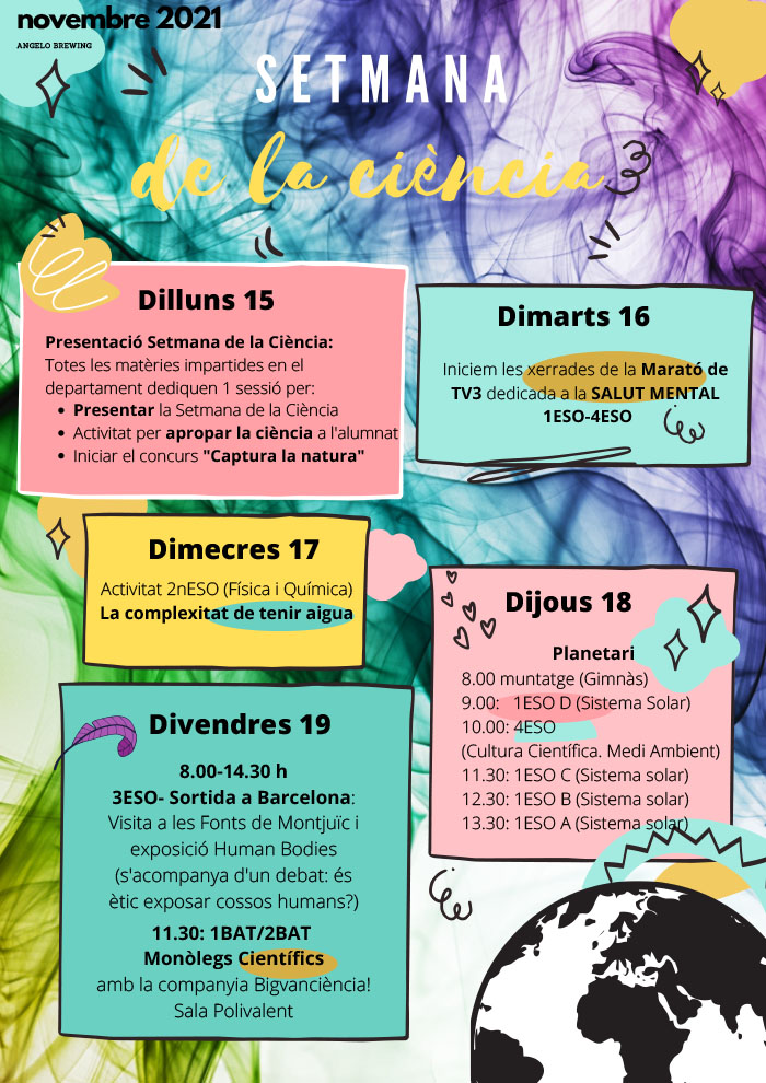 En el marc de la Setmana de la Ciència, del 12 al 19 de novembre l'Institut Joan Coromines ha organitzat un munt d'activitats per disseminar i apropar la ciència a l'alumnat, així com també fomentar les vocacions científiques entre els més joves. Esperem que la gaudiu!