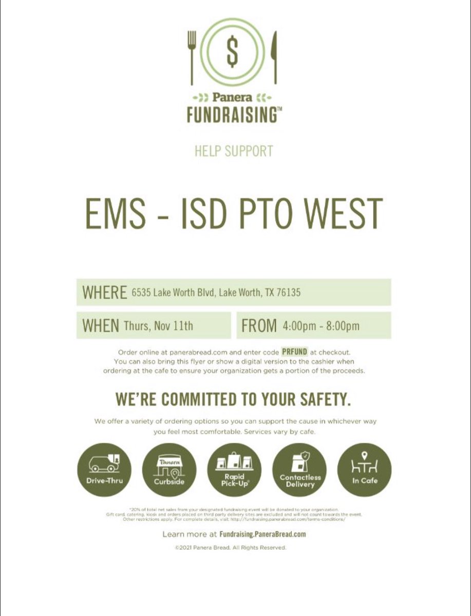 emsisdptowest's tweet photo. Donโt forget to eat at Panera (Lake Worth) and mention PTO WEST this Thursday 4-8:00pm! ๐ #supportpto @EMSISD @EMSEDFOUNDATION @boswellhs @ChisholmTrailHS @EdWillkie @MarineCreekMS @creekviewpride @wildcats_wms https://t.co/lDbhQrIAE3
