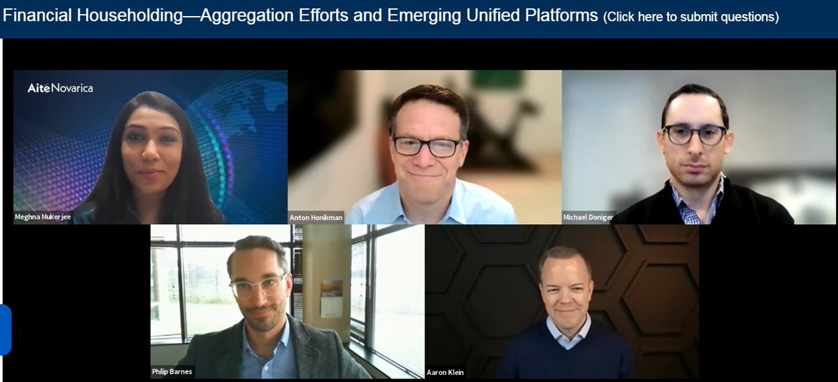 ANG's <a href="/MeghnaMukerjee/">Meghna Mukerjee</a> leads our 3rd panel at #WMIT2021 on “#Financial #Householding—#Aggregation Efforts and Emerging Unified Platforms” w/ experts Philip Barnes (<a href="/Old_National/">Old National Bank</a>), Michael Doniger (<a href="/MoneyLion/">MoneyLion</a>), Anton Honikman (<a href="/MyVestCo/">MyVest</a>) 
and Aaron Klein (@Riskalyze)