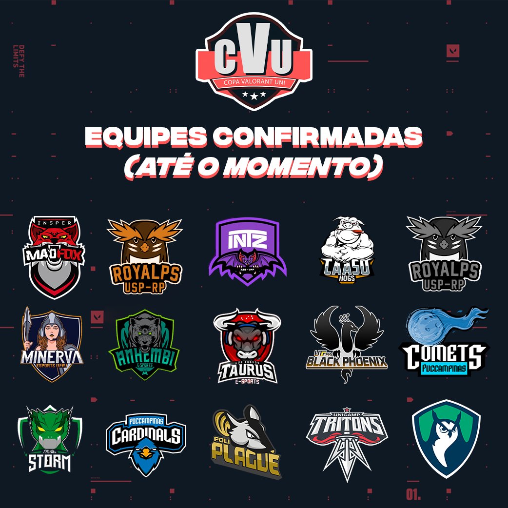 CopaValorantUni's tweet photo. A 1ª CVU está bem perto de começar, e até o momento já temos as seguintes equipes confirmadas!
No sábado (13/11), todas as transmissões acontecerão à partir das 17hrs em: https://t.co/2RmLY8TJRa

Se inscreva - Formulário de inscrição:  https://t.co/TDxLeDhtbg https://t.co/5cjGnEQtEg