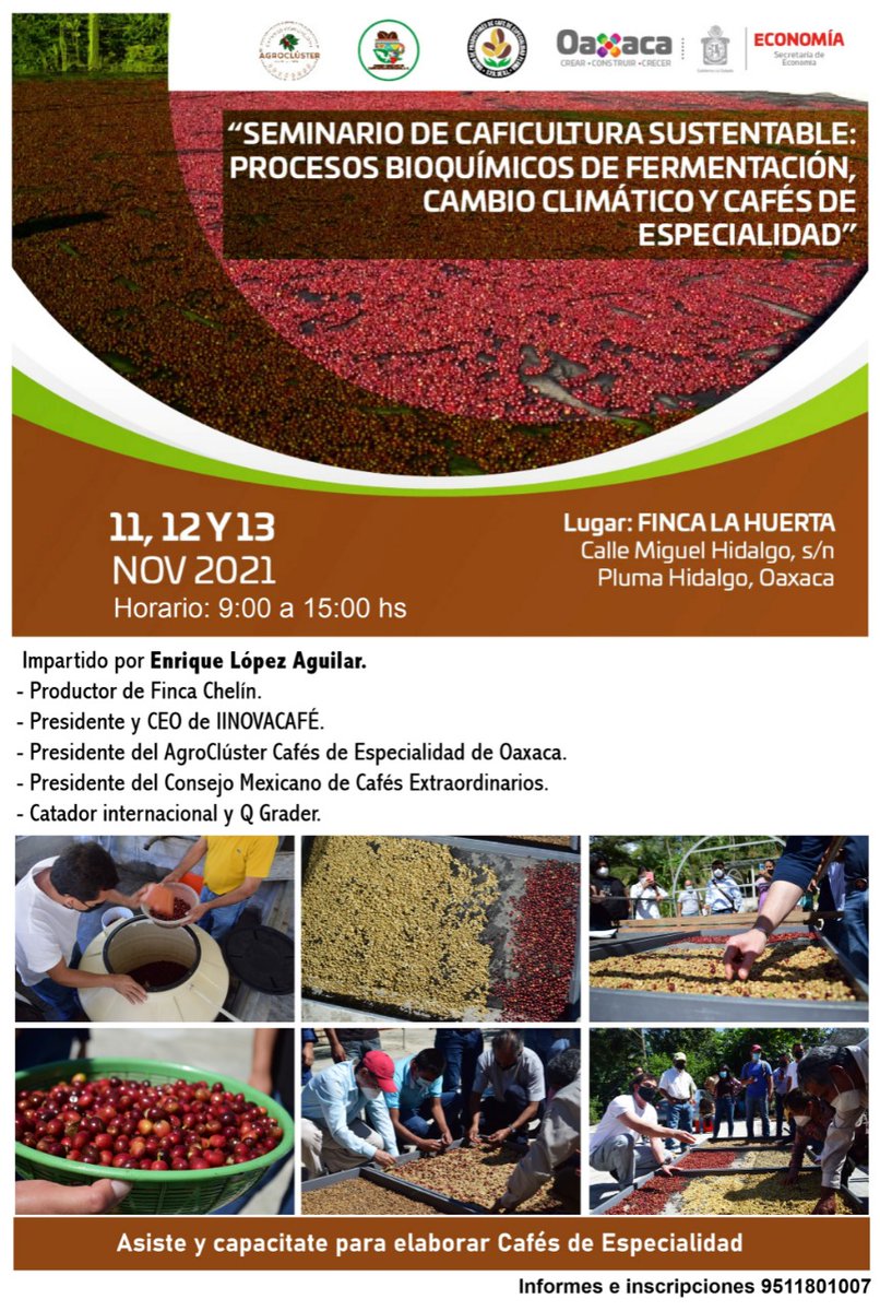 📌Del 11 al 13 de noviembre se llevará a cabo el Seminario de Caficultura Sustentable, Procesos Bioquímicos de Fermentación, Cambio Climático y Cafés de Especialidad. 
¡Regístrate!

📲9511801007
👉Lugar: Finca la Huerta, Pluma Hidalgo. 

<a href="/alejandromurat/">Alejandro Murat</a>