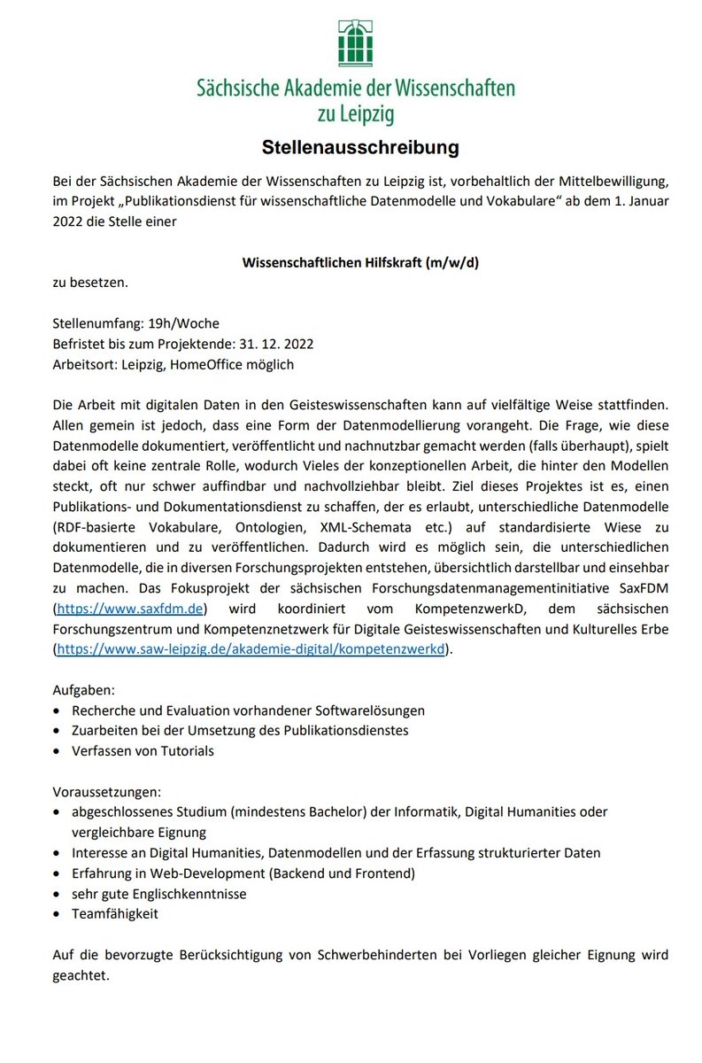 kompetenzwerk's tweet photo. Kolleg:innen gesucht! 1 wiMi TV-L 13, 100% und 1 WHK, 19h/Woche, für je 1 Jahr. Deadline am 6.12, Codename "VocabServer" 😉
Details: https://t.co/0BEbWN30QL
#DigitalHumanities #jobfairy @SaxFDM #NFDIrocks https://t.co/quTbJRILrY