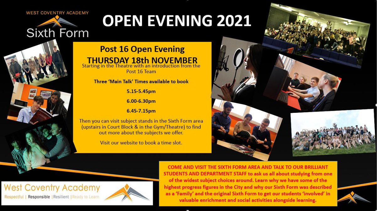 WCA6thForm's tweet photo. Come &amp; join us Thurs 18th November to learn more about joining our successful &amp; happy Sixth Form. Above average progress, positive destinations, confident students, opportunities to develop as a person &amp; as a learner. You can book a slot using this link: https://t.co/otItZT3Vyr https://t.co/c7woV7Q5tS