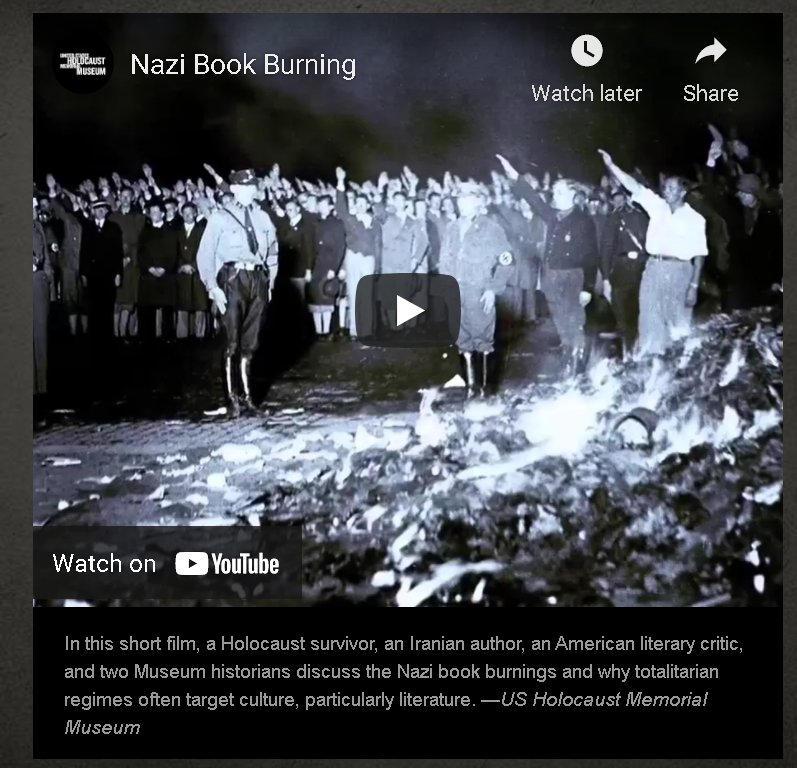 BruceDuck2's tweet photo. @AaronBlake Sieg Heil:
"In this short film, a Holocaust survivor, an Iranian author, an American literary critic, and two Museum historians discuss the Nazi book burnings and why totalitarian regimes often target culture, particularly literature." —US Holocaust Memorial Museum https://t.co/lwmgoolpEh