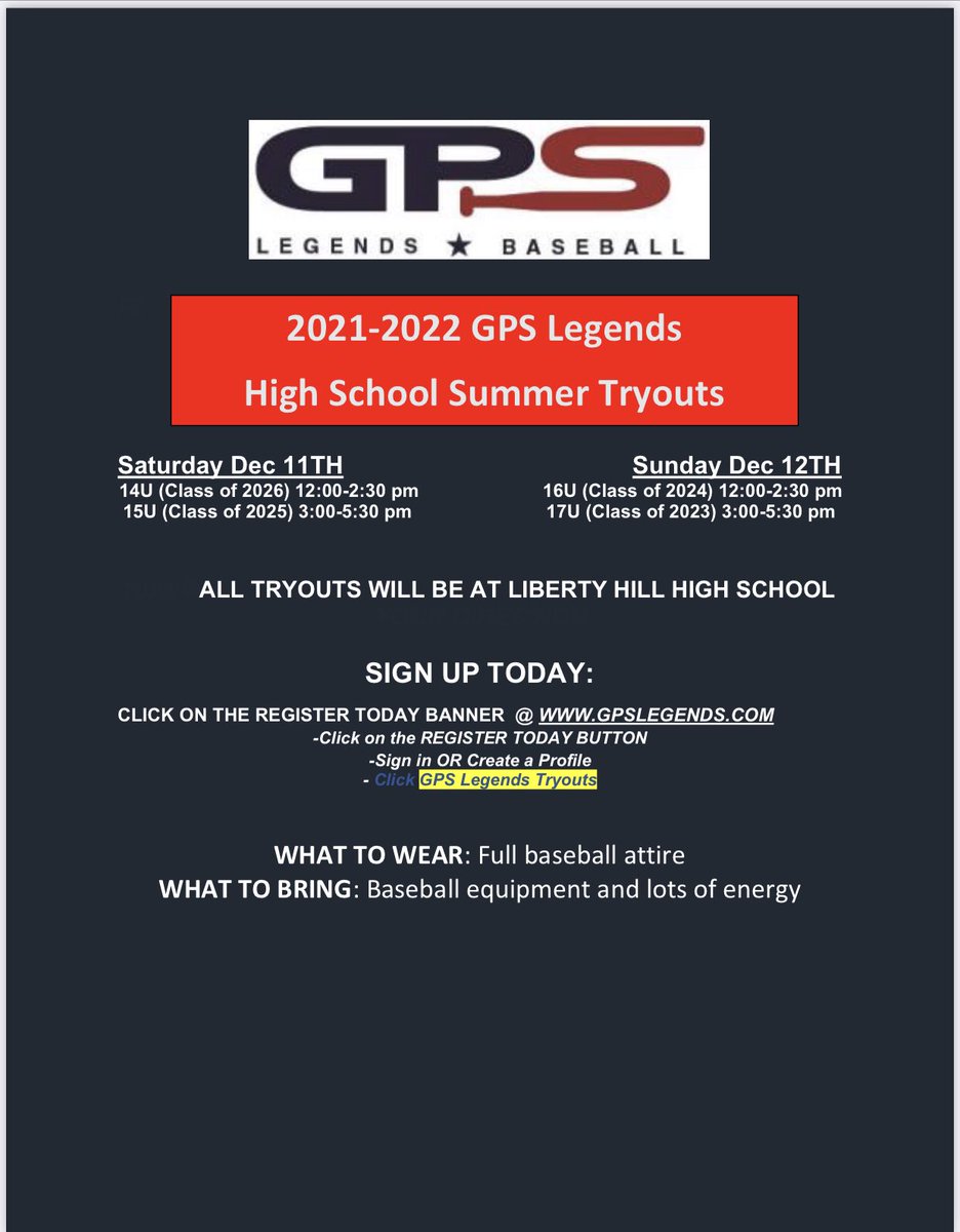 TXTwelveCapCity's tweet photo. GPS LEGENDS SPRING/SUMMER TRYOUTS! Come see if your family is a fit for ours. #biggerthanbaseball https://t.co/Xc4u0lvA8v
