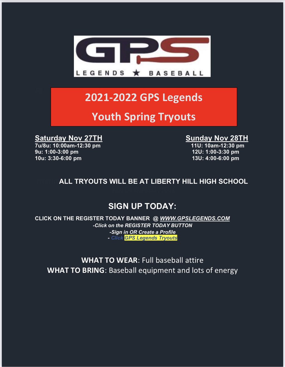 TXTwelveCapCity's tweet photo. GPS LEGENDS SPRING/SUMMER TRYOUTS! Come see if your family is a fit for ours. #biggerthanbaseball https://t.co/Xc4u0lvA8v