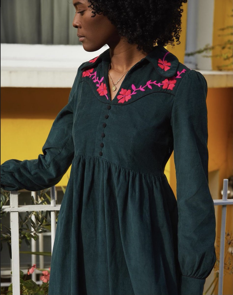 💕 CORD &amp; NEON 💕 What is not to love about this beautiful Western Dress by Pink City Prints, hand embroidered neon flowers on soft forest corduroy, the perfect combination.