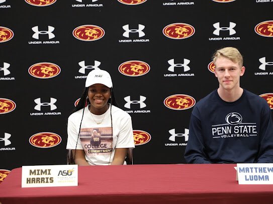 AaronFrana's tweet photo. Congratulations to Matthew Luoma (Penn State) and Mimi Harris (Alabama State) on signing their National Letter of Intent to play Volleyball at the Division 1 level! #ROLLPR1DE #EmbraceTheChase https://t.co/h8N0YATld4