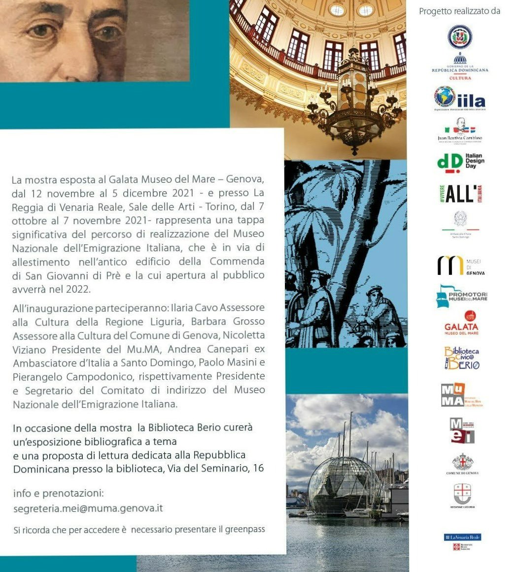 Giovedì 11 alle 11 al <a href="/GalataMuseoMare/">Galata Museo del Mare - Genova</a> la prima manifestazione #aspettandoilmei inaugurazione della mostra  degli italiani a Santo Domingo <a href="/GenovaMore/">GenovaMoreThanThis</a> @TurismoLiguria <a href="/MiBAC_Culture/">MiBAC ItalianCulture</a> <a href="/MiCLiguria/">MiC Liguria</a> <a href="/IlariaCavo/">Ilaria Cavo</a> <a href="/paolomasini/">Paolo Masini</a> <a href="/PeoCampodonico/">Peo Campodonico</a> <a href="/santodomingocl/">Municipalidad de Santo Domingo - Chile</a> <a href="/emigrazione_ita/">Italianinelmondo</a>