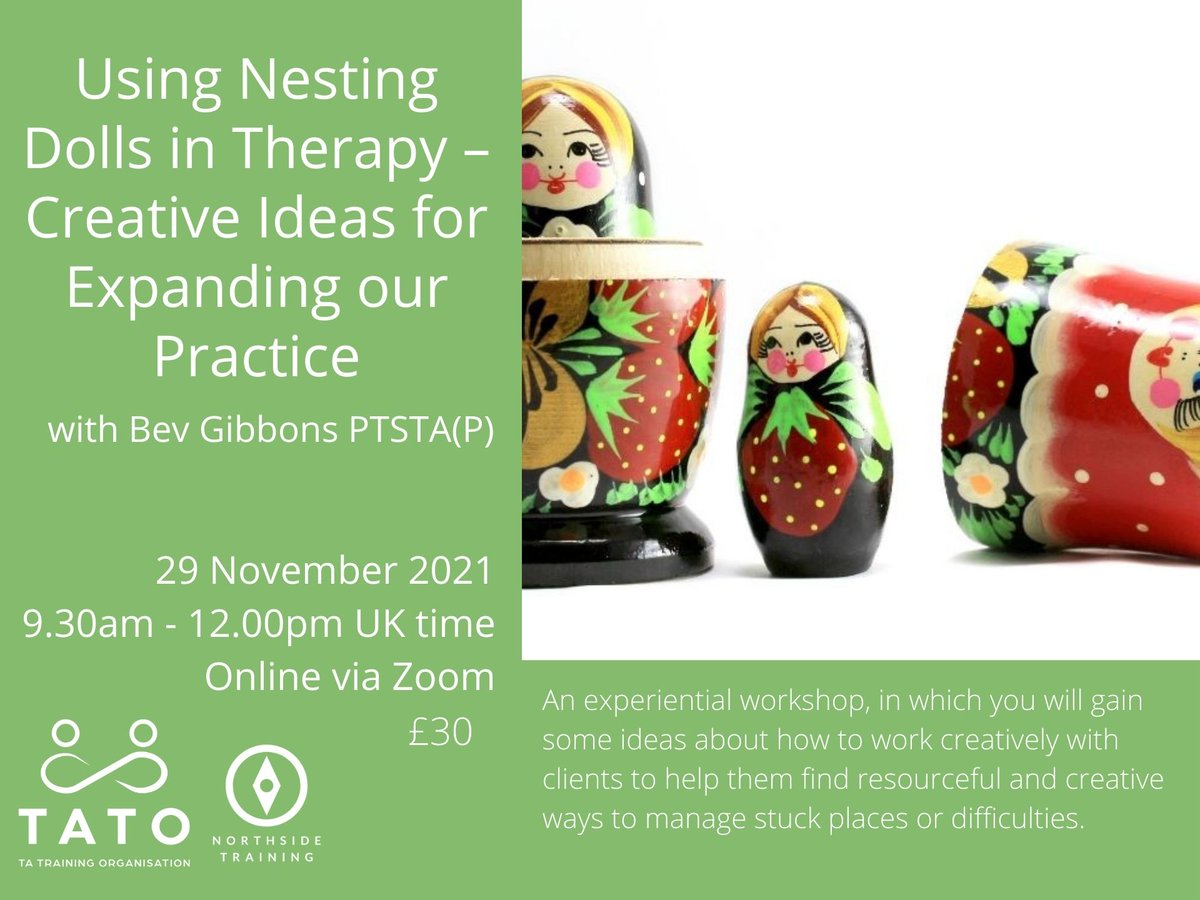 tatraining_org's tweet photo. Explore using Nesting Dolls within therapy - a hand-on workshop with Bev Gibbons - Mon 29 November online. https://t.co/c1T6voS43L 
#transactionalanalysis #psychotherapy #counselling https://t.co/Uuux8k94E6