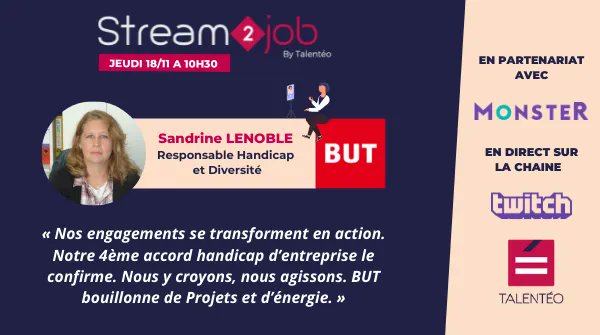 agence_talenteo's tweet photo. #Stream2Job : Sandrine Lenoble sera en direct lors de notre live emploi pour parler de la politique #handicap de @BUT et de leurs offres d’ #emploi ! RDV jeudi prochain à 10h30 sur la chaine Twitch de @Talenteo lors de la #SEEPH ! 🎤
📝 Inscrption ici : https://t.co/QZSPOL7j4z https://t.co/mZR9l4X3Ag