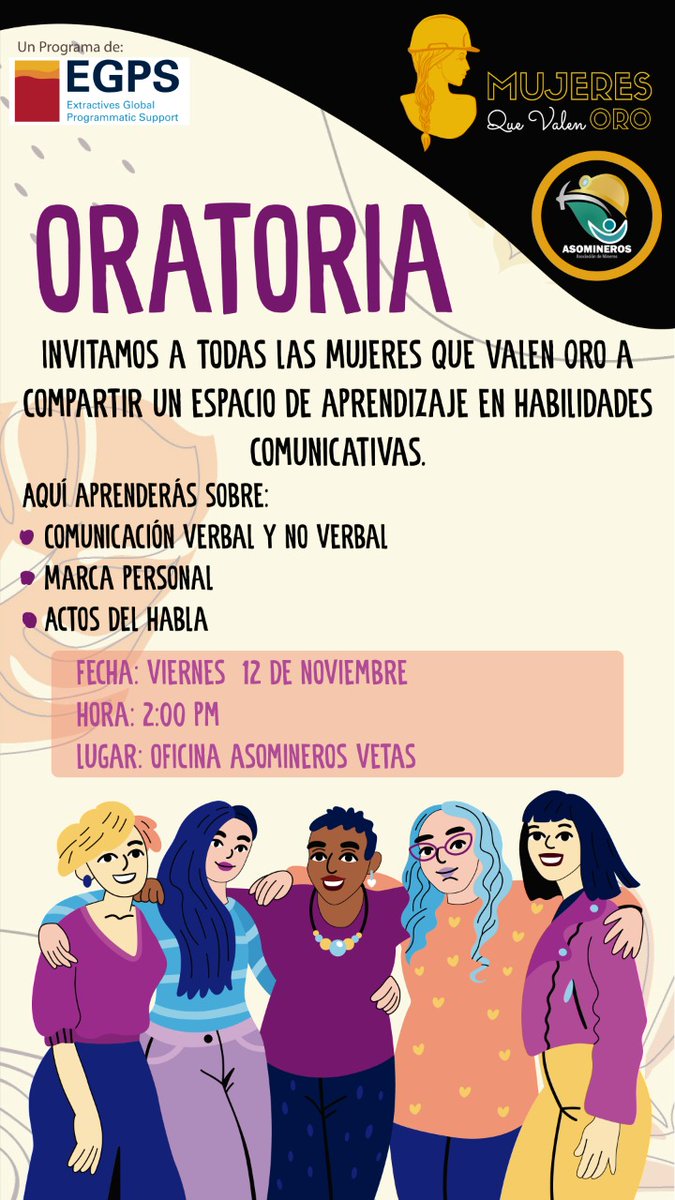 asomineros's tweet photo. Mujeres que Valen Oro, las invitamos a acompañarnos este Viernes a la Charla 'Oratoria' donde aprenderás sobre Marca Personal, actos de habla y comunicación verbal y no verbal. 
🎊Tenemos sorpresas para ti 🎊
¡Las esperamos! 
#EGPS #Asomineros #MujeresQueValenOro https://t.co/h3bZz8iB7T
