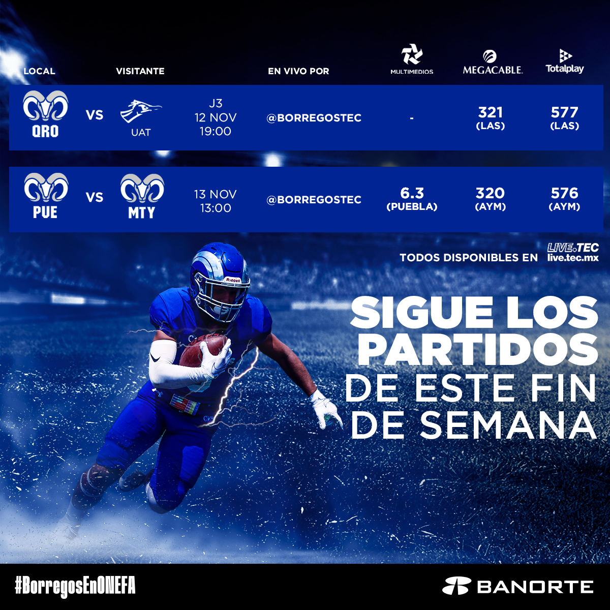 borregostec's tweet photo. Tenemos invitado de lujo para este fin de semana: TÚ

Únete a la transmisión de los partidos y apoya a #BorregosEnONEFA, acompáñanos desde la cuenta de Facebook @borregostec o bien en cualquiera de los canales de la imagen 👇 

No te pierdas las dinámicas de premios. https://t.co/xcpqtje21j