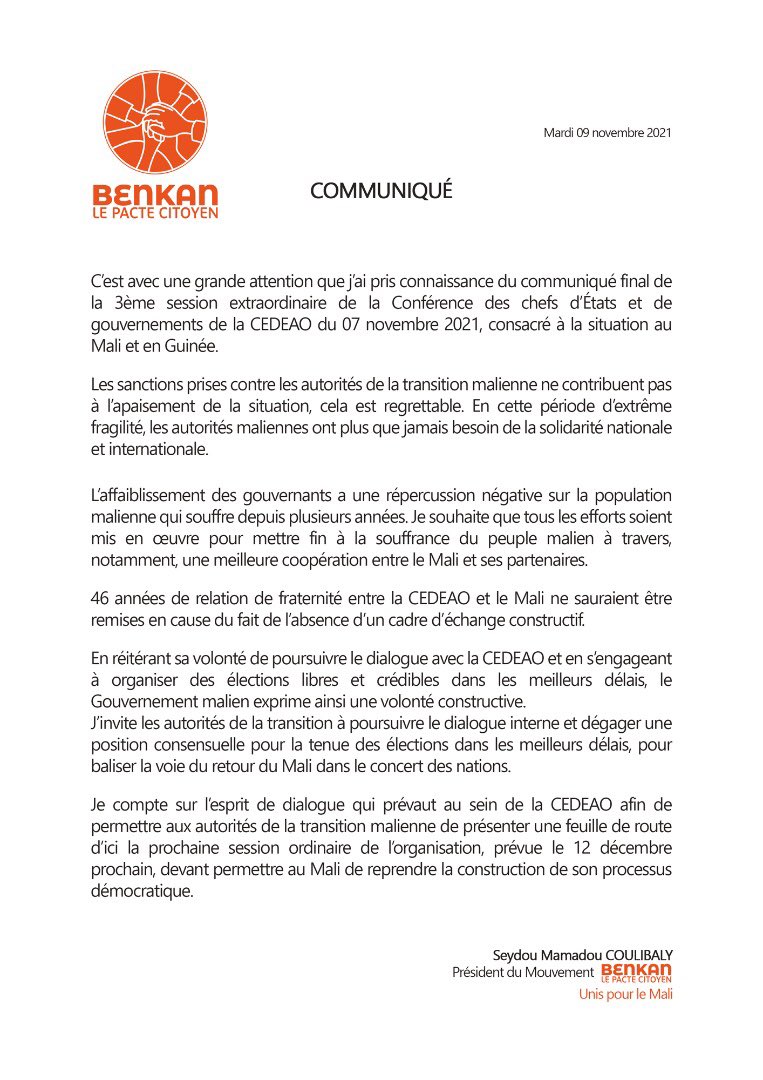 Benkan_officiel's tweet photo. Communiqué de M. Seydou Mamadou COULIBALY, Président du Mouvement Benkan "Le Pacte Citoyen" suite aux sanctions de la CEDEAO.
#benkan
#benkanlepactecitoyen
#seydoumamadoucoulibaly https://t.co/dwfPonNu1c