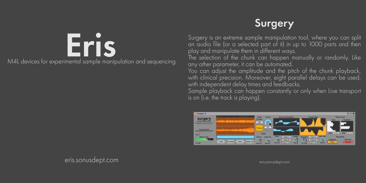 SonusDept's tweet photo. Out now ERIS, a collection of Max for Live devices for extreme sample manipulations and experiments. Check it out: https://t.co/BVAU3YGSVU

#maxforlive #experimental #samples #electronicmusic #idm #electroacoustic #ambient #drone #soundscapes #sequencer #sampler #maxmsp #live https://t.co/l6fBfQET5a