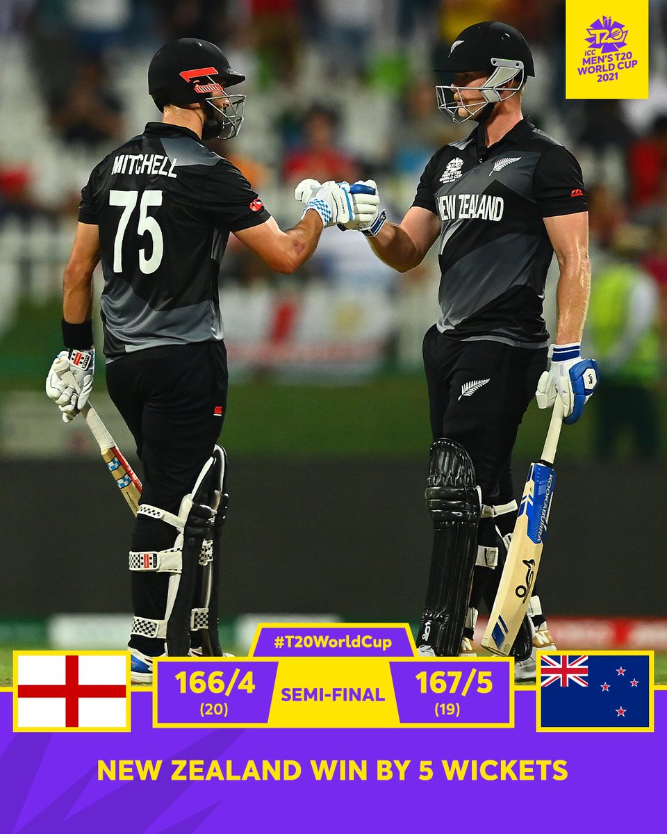 ICC's tweet photo. New Zealand are in the final of the #T20WorldCup 2021 🎉

#ENGvNZ | https://t.co/zBjgVLo3T5 https://t.co/FPGC6bK2U7
