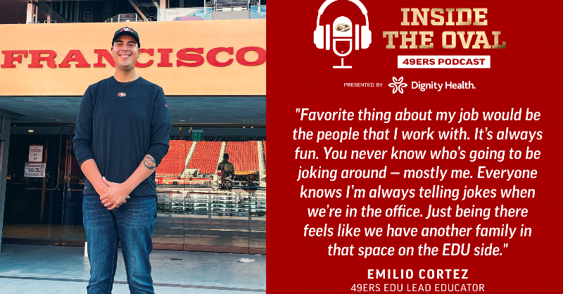 49ersFoundation's tweet photo. #49ersEDU has an amazing team working day in &amp; day out to bring STEAM education to life through football 🏈

Hear from Sofy Navarro &amp; Emilio Cortez as they give you an inside look into their work during their episodes of "Inside the Oval" pres. by @DignityHealth 🎧 #STEAMWeek