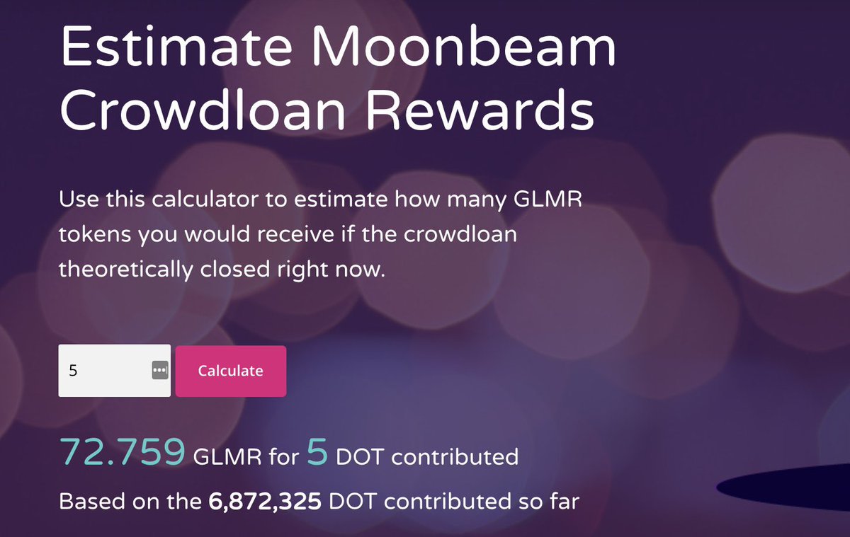 MoonbeamES's tweet photo. 💥✨La calculadora de recompensas de Moonbeam Crowdloan ya está disponible! Calcule cuántos tokens GLMR recibiría aquí👇🏻 https://t.co/68C1sd8fKo

Las recompensas de crowdloan se calculan como un % de su contribución al fondo común, visite: https://t.co/LjrWyWOous https://t.co/8stkh59WMF