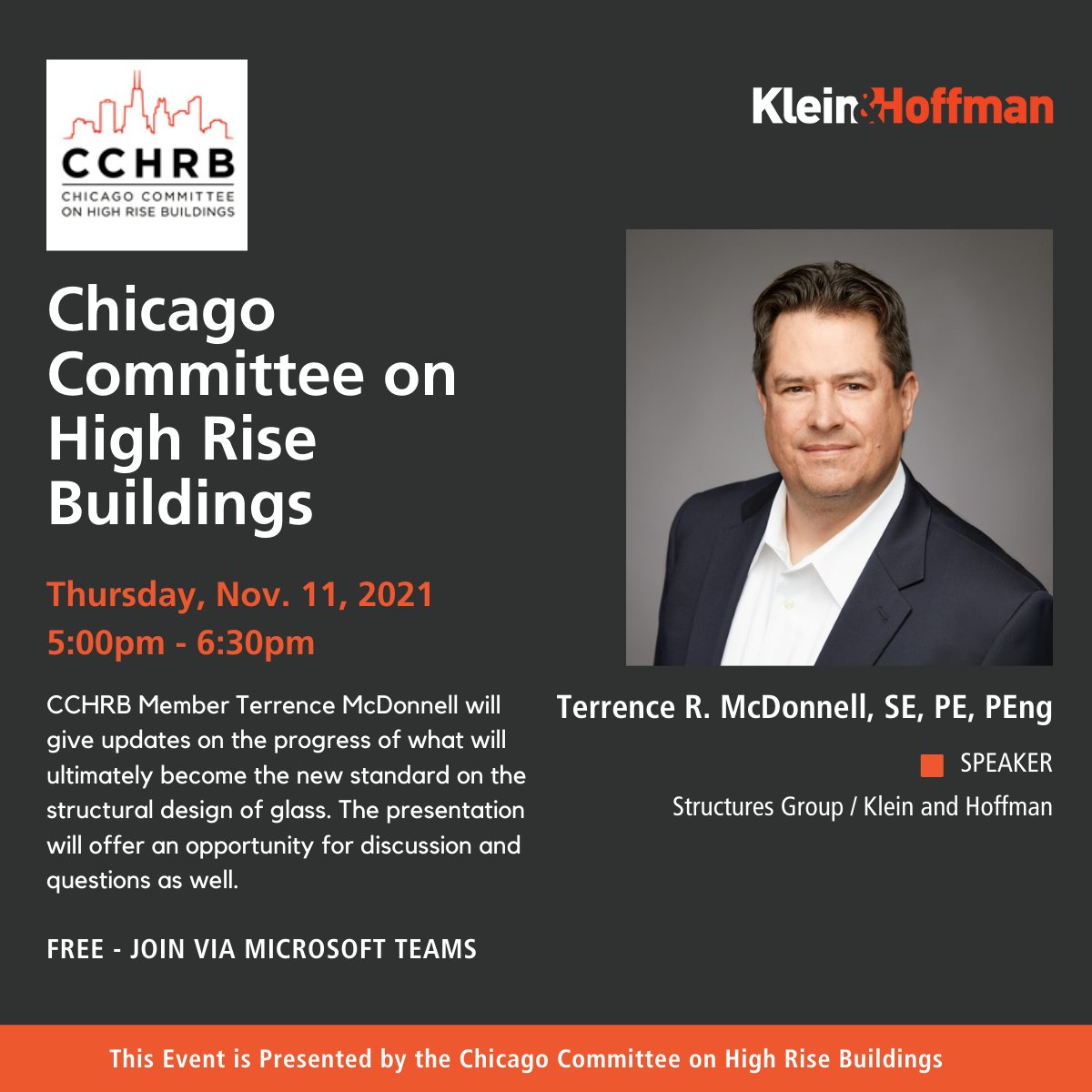 On behalf of the CCHRB, K&amp;H's Terrence R. McDonnell, is hosting a presentation this Thursday, Nov. 11th to offer updates on the new standard for the structural design of glass. Join via Microsoft Teams at 5:00pm on Thursday via the link here: lnkd.in/gpt5Pf8q