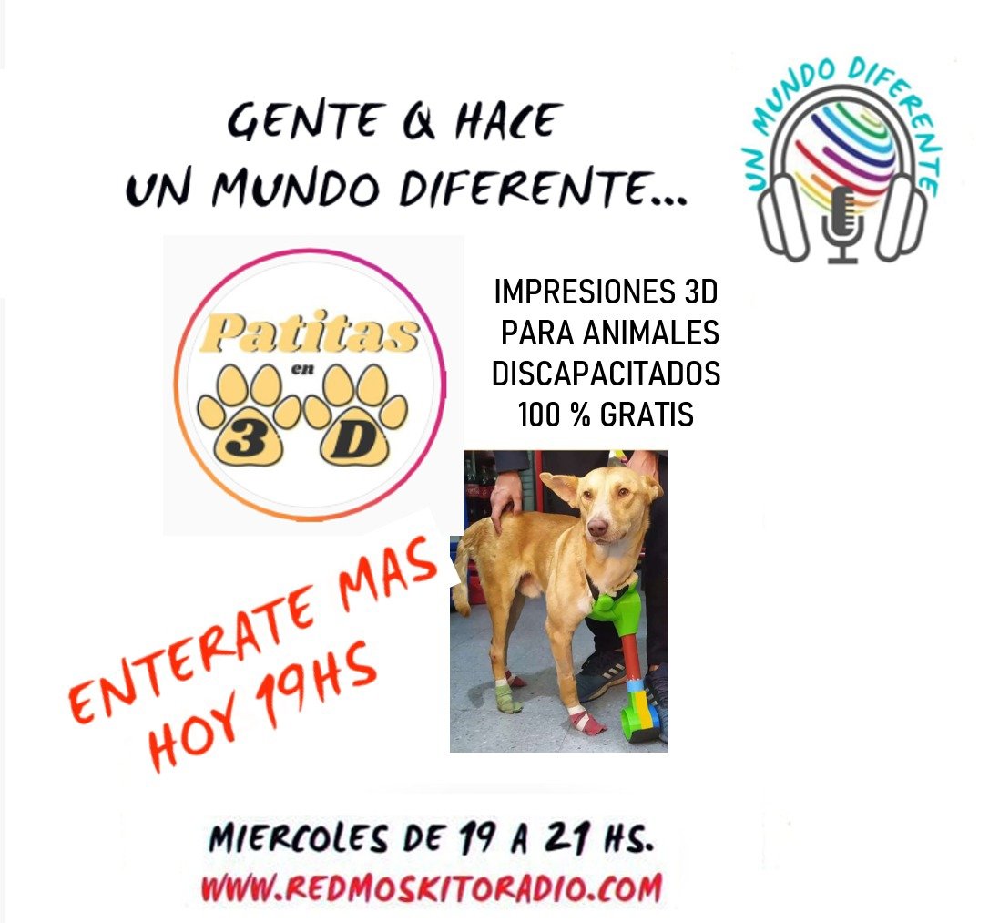 UnMundook's tweet photo. No solo hay gente que quiere #unmundodiferente, sino que también lo hace.  Está tarde la gente de "Patitas en 3d" nos cuenta sobre su proyecto de impresiones de protesis para animales discapacitados.
19hs por @redmoskitoradio https://t.co/UWhIQ8pht6
