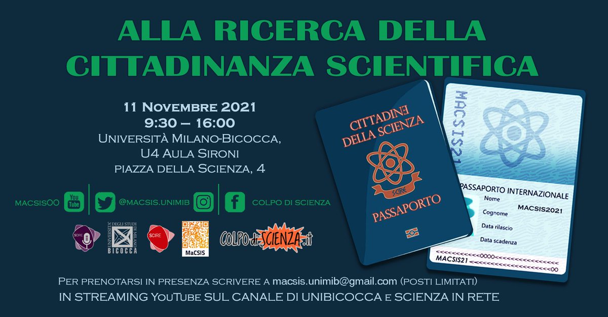 colpodiscienza's tweet photo. Appuntamento a domani alle 9:30 con @macsis_unimib e @scinet_it in @unimib e online https://t.co/jGhRolByO7 per il #convegno #MaCSIS “Alla ricerca della #cittadinanzascientifica. Dialoghi tra #ricercatori e #cittadini per una #scienza condivisa e partecipata”! https://t.co/WAhS0W10CB