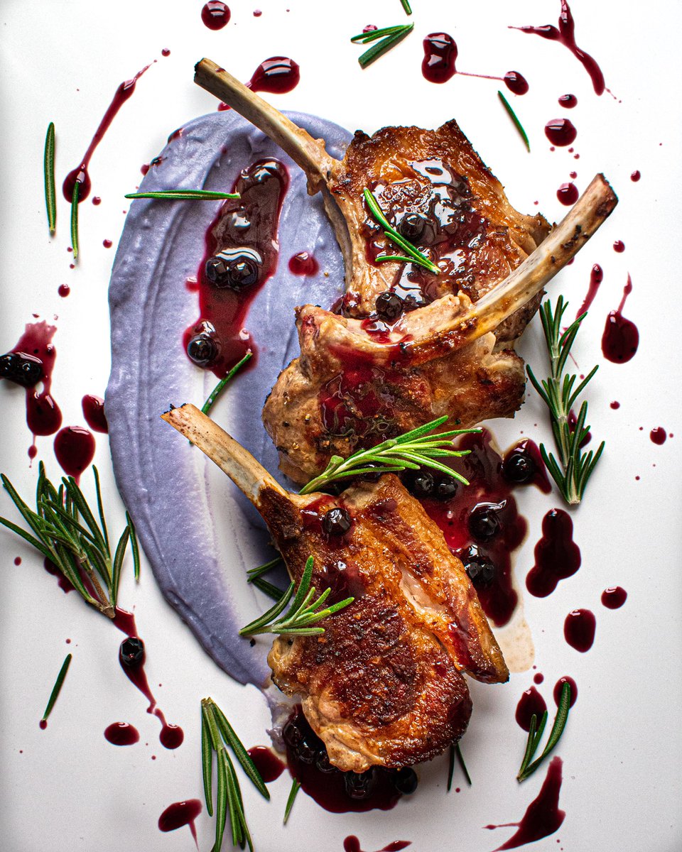 gastronomybyjon's tweet photo. ‘Lollipop Sweet Shop’. I just felt like naming this one, because that’s what I see when I look at it. Lamb cutlets, purple pomme purée, juniper red wine sauce. 🍇🐑 https://t.co/9RuVpT8hwd