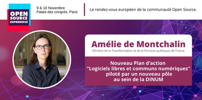 Etalab's tweet photo. Logiciels libres et communs numériques : Bienvenue et longue vie @codegouvfr 🚀 

A l'occasion de l'@OSXP_Paris, la Ministre @AdeMontchalin a dévoilé le plan d'action "logiciels libres et communs numériques" porté par @Etalab @_DINUM #bluehats : https://t.co/gv2h4QHn6X https://t.co/oFQMRwrobn