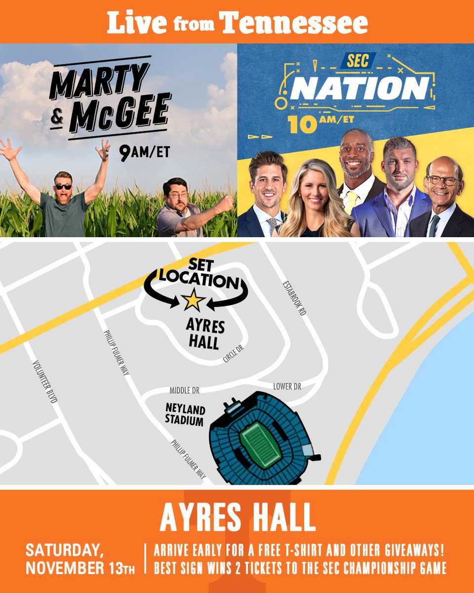 Our location is set for this Saturday morning, on The Hill at Ayres Hall. Fun fact: As a Tennessee freshman I was escorted off the roof of Ayres Hall by campus police. The Circle of Life.