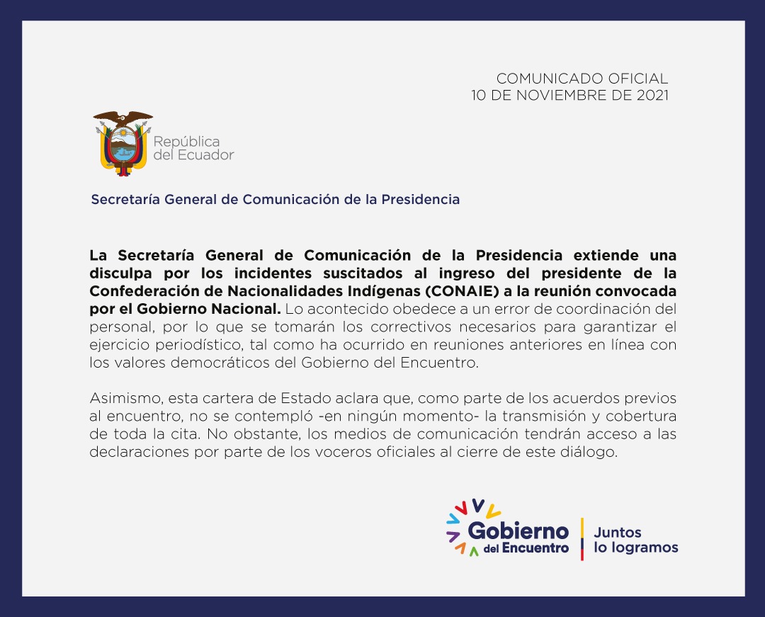 El gobierno, a través de <a href="/ComunicacionEc/">Comunicación Ecuador 🇪🇨</a>, ofreció disculpas por el incidente provocado por miembros de seguridad del Palacio de Carondelet durante durante ingreso de Leonidas Iza. Hubo periodistas agredidos.
<a href="/PrimeraPlanaECU/">PrimeraPlanaECU</a> 
@CanalRTU 
@radiosonorama