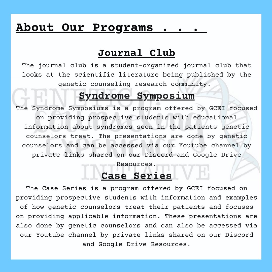 GCExpInitiative's tweet photo. Hi #GCchat. Here's a reminder about us & our programs.
#geneticcounseling #gcchatter
#iamagc #iamageneticcounselor #geneticcounselor #geneticcounselingstudents #geneticcounselingstudent #futuregc #prospectivegc #prospectivegcstudent #prospectivegcstudents https://t.co/TYQHSE6OsT