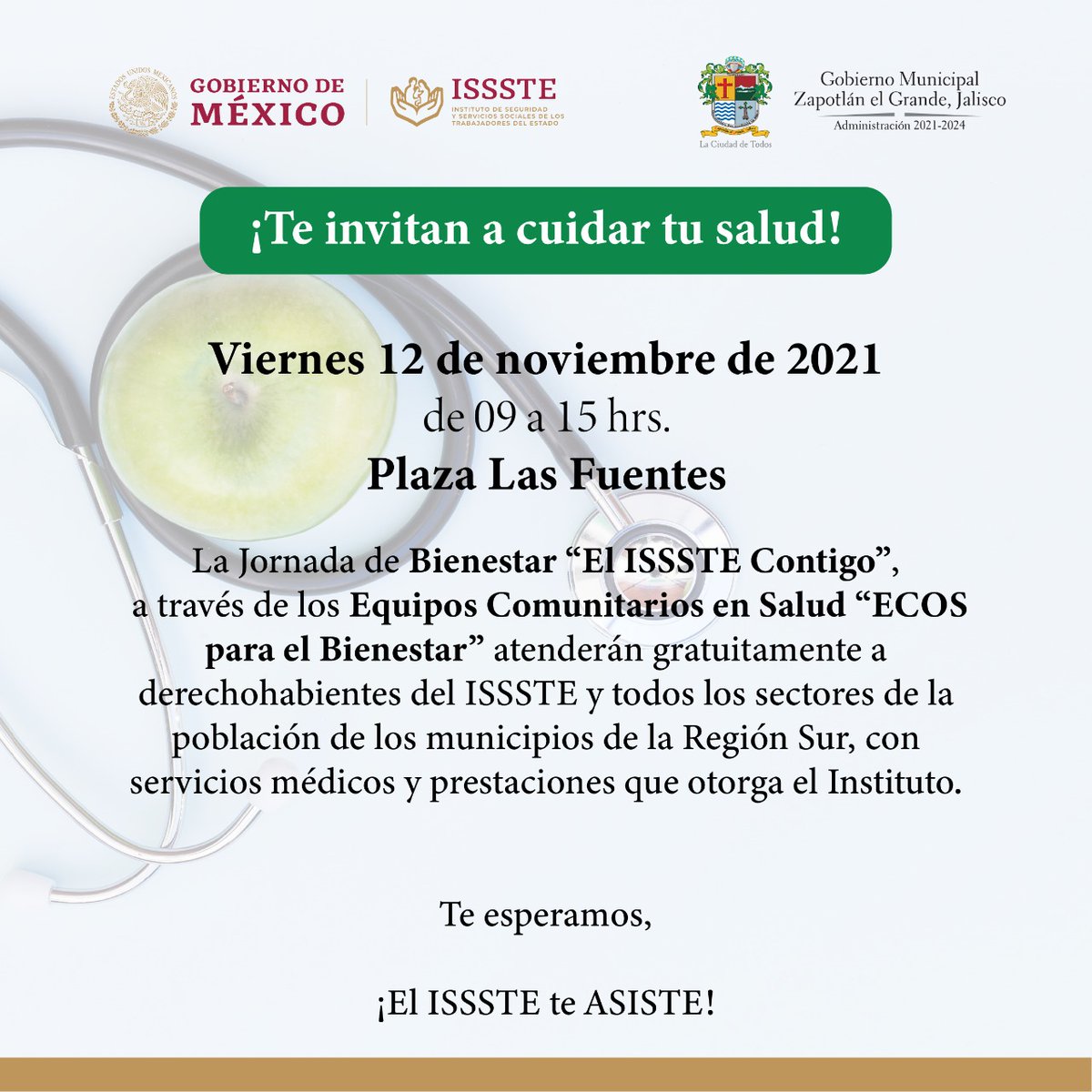 ZapotlanGob's tweet photo. Este viernes 12 de noviembre, llega la Jornada de Bienestar “ISSSTE Contigo” a La Ciudad de Todos, para atender tanto a derechohabientes como a la población en general con servicios médicos e información sobre prestaciones. 
Asiste y cuida tu salud. https://t.co/DLazXHn2WL
