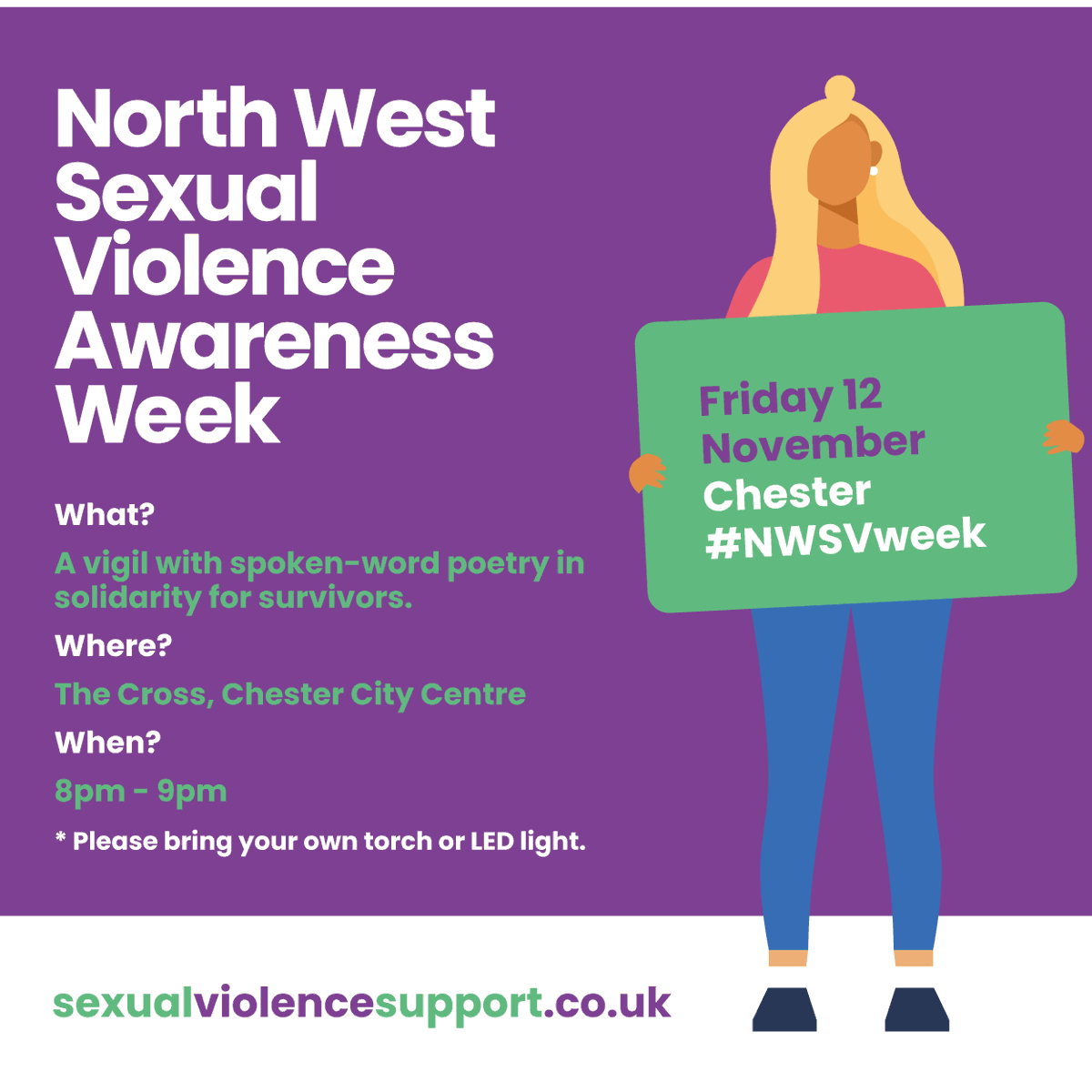 mycwacharity's tweet photo. Cheshire Sexual Violence Awareness Week

8–9pm: a vigil at The Cross in Chester City Centre – for reflection &amp; solidarity

More: https://t.co/xag0O3CoGe

#MyCWALiveFree #NWSVweek #RASASC #VAWG #ItsNotOK #MeToo #Survivor #EndSexualViolence #SupportInCheshire #SurvivorsInCheshire https://t.co/8W9Mru9RO2