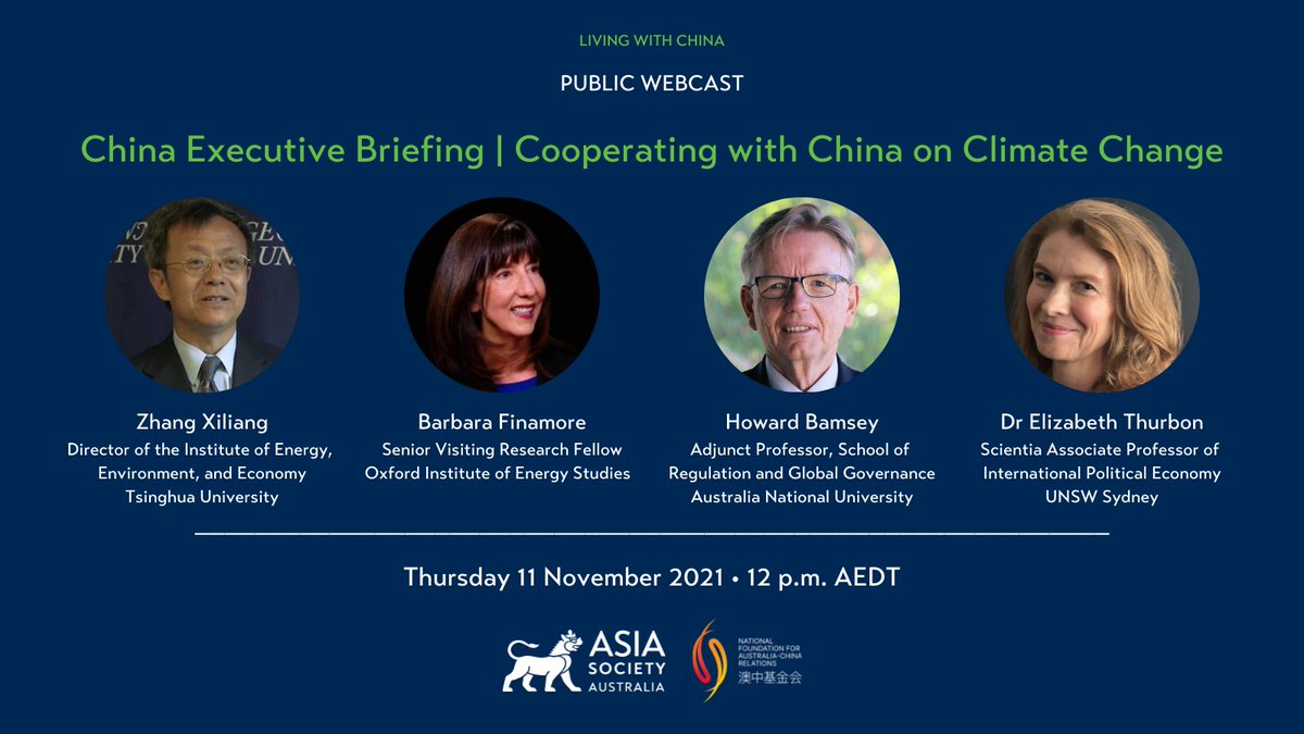 AsiaSociety's tweet photo. Sign up for @AsiaSocietyAUS' executive briefing on cooperating with China on #climatechange, happening tomorrow!

Featuring speakers Zhang Xiliang @Tsinghua_Uni, @BFinamore @OxfordEnergy, @hbamsey @ANURegNet, and Dr. Elizabeth Thurbon @UNSW.

Register: https://t.co/IXLDJYljc1 https://t.co/tXlU8QI40a