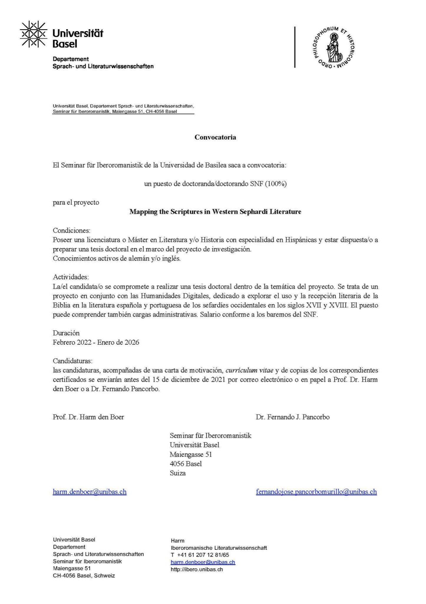 Fernando Pancorbo on Twitter: "At University Basel / Research Project  “Mapping the Scriptures in Western Sephardi Diaspora”. Nice opportunity!  Proposals are very welcome. https://t.co/YEctrAo052" / Twitter
