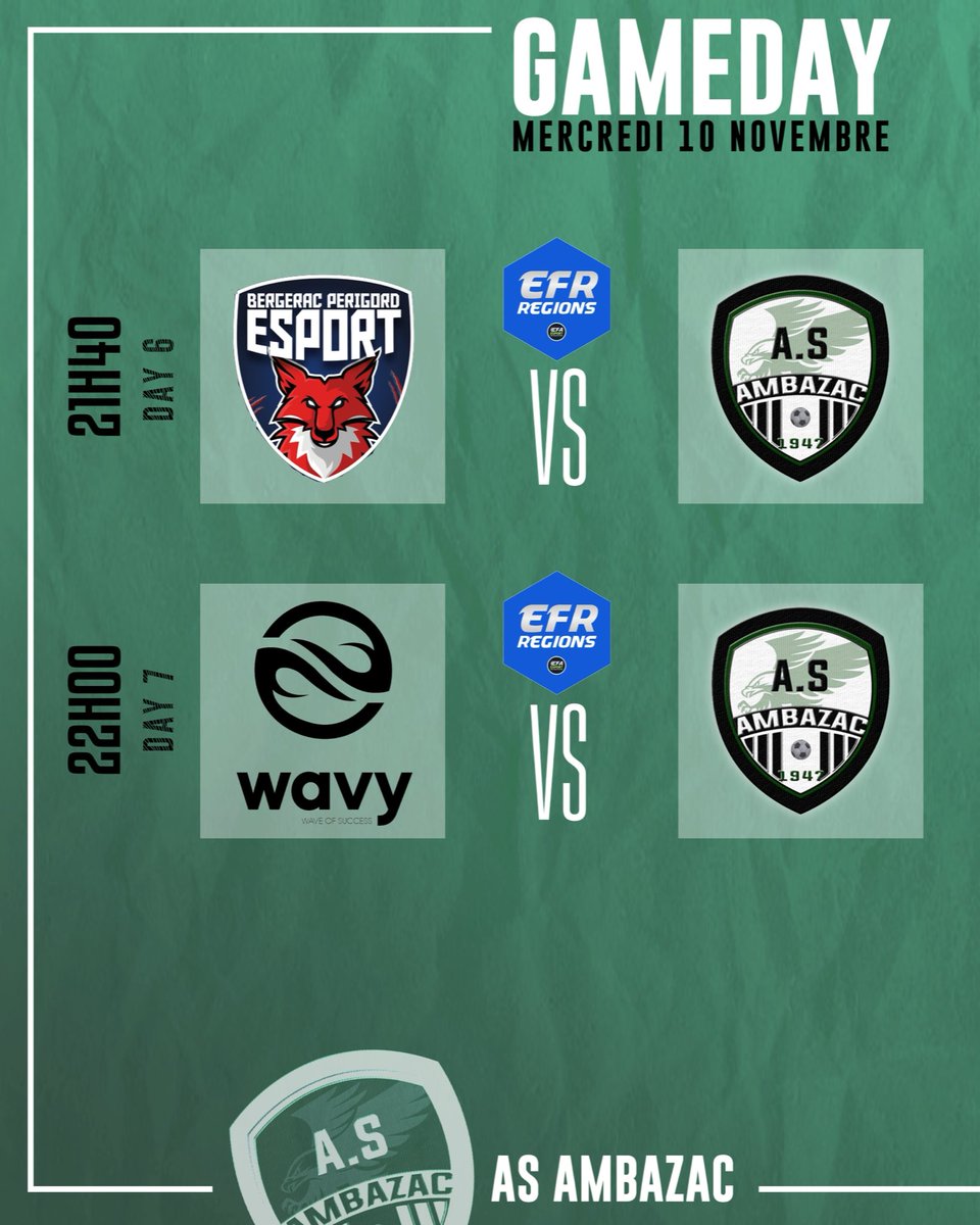 🔜 𝐆𝐀𝐌𝐄𝐃𝐀𝐘
🇫🇷 <a href="/eSportFA_FR/">ESPORT FOR ASSOCIATIONS</a> 

🏆 𝑬𝑭𝑹 𝑺𝒖𝒅 𝑶𝒖𝒆𝒔𝒕
🕑 𝟮𝟭𝗛𝟰𝟬 | <a href="/BPFC_eSport/">Bergerac Périgord FC eSport</a> 
🕑 𝟮𝟮𝗛𝟬𝟬 | @Wavy_eFoot 

📺 On se retrouve à partir de 𝟮𝟭𝗛𝟰𝟬 pour ces 𝗝𝗼𝘂𝗿𝗻𝗲́𝗲 6️⃣ et 7️⃣

#TEAMASA ⚪️⚫️