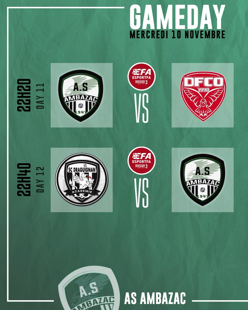 🔜 𝐆𝐀𝐌𝐄𝐃𝐀𝐘
🇫🇷 <a href="/eSportFA_FR/">ESPORT FOR ASSOCIATIONS</a> 

🏆 𝑬𝑭𝑳 𝑫𝒊𝒗𝒊𝒔𝒊𝒐𝒏 𝟑
🕑 𝟮𝟮𝗛𝟮𝟬 | <a href="/DFCOesp_clubpro/">DFCO A.C</a> 
🕑 𝟮𝟮𝗛𝟰𝟬 | @SCDraguignan_AC 

🦅 RDV à 𝟮𝟮𝗛𝟮𝟬 pour suivre nos matchs de 𝗗𝗶𝘃𝗶𝘀𝗶𝗼𝗻 𝟯, des points importants à prendre ce soir !

#TEAMASA ⚪️⚫️