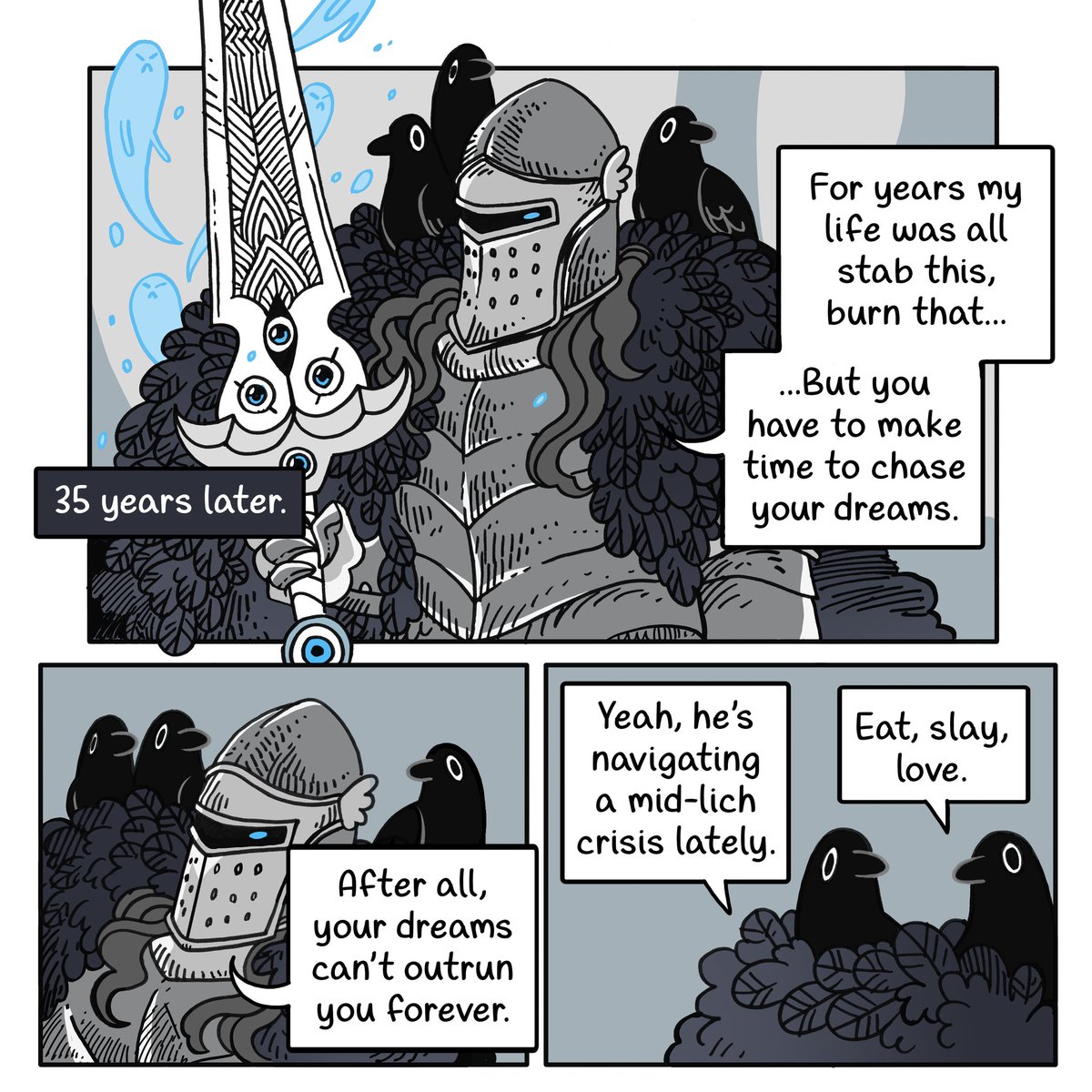 The crows stuck aroud because it kept being interesting and the sword cursed them too. https://t.co/6rkHByiODd 