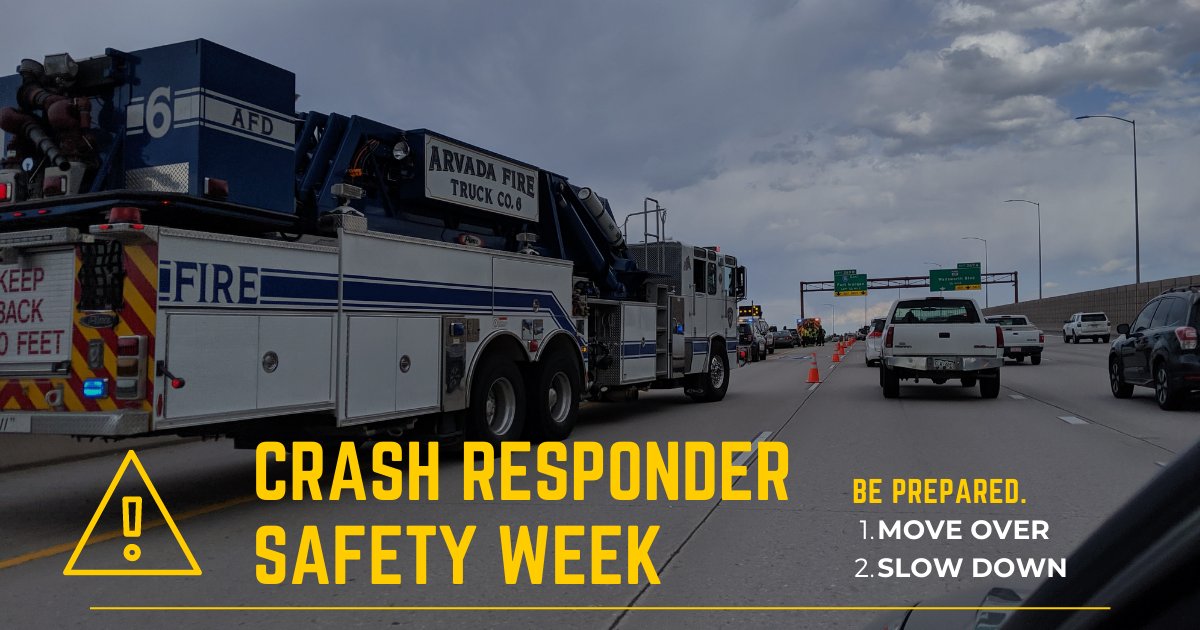 ArvadaFire's tweet photo. ⚠️ This week is Crash Responder Safety Week! When you are approaching an accident like the one pictured, please keep emergency responders (and yourself!) safe by: 

• Slowing down
• Moving over when possible
• Being alert and prepared. 

#crsw #MoveOverSlowDown https://t.co/YPvZekNTJ0