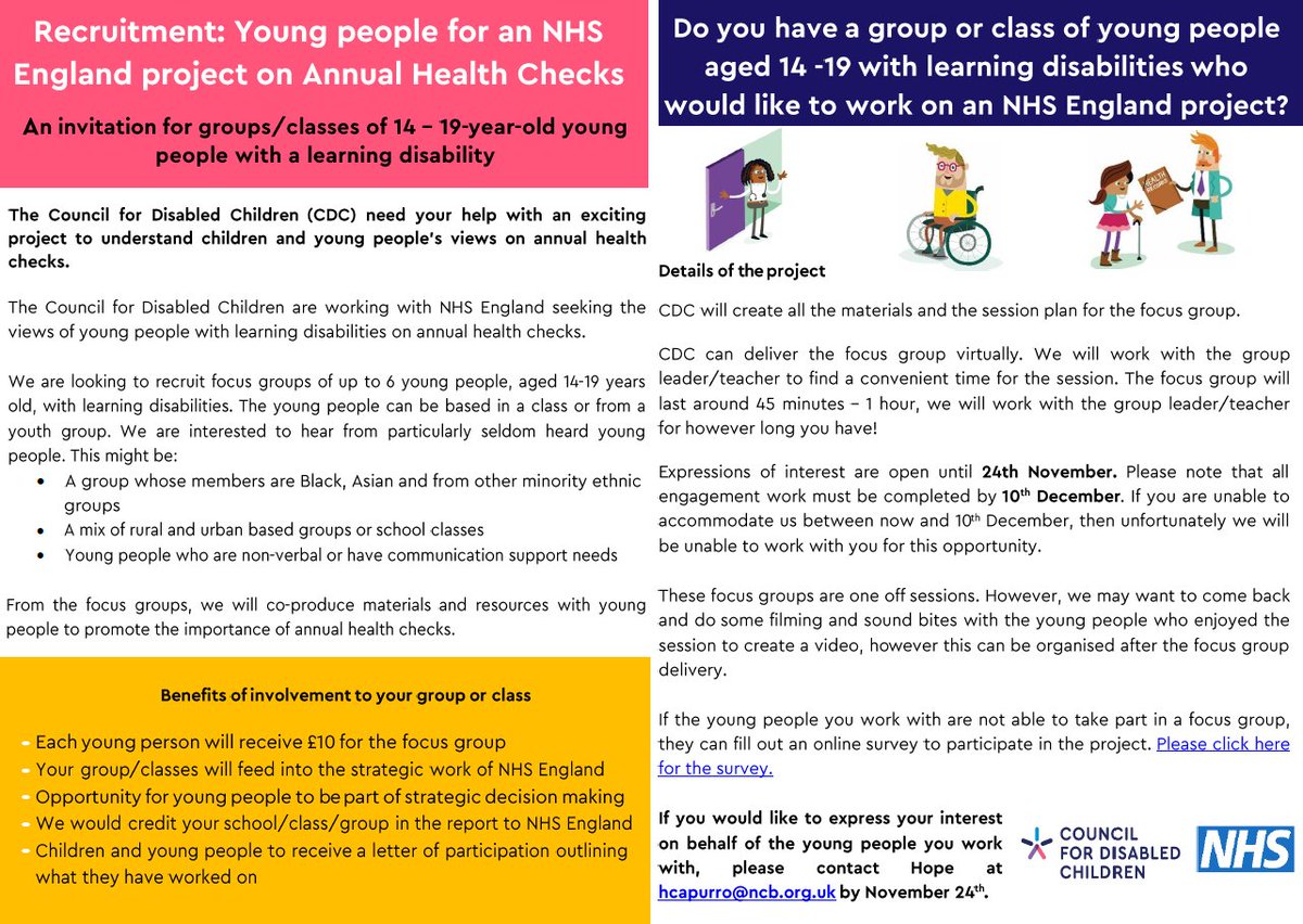 .<a href="/CDC_tweets/">CDC</a> are recruiting young people (aged 14-19) with learning disabilities for an online focus group about annual health checks. The session will last 45-60 min, and they'll receive a £10 voucher for participation. Email Hope (hcapurro@ncb.org.uk) before Wed 24 Nov 2021.