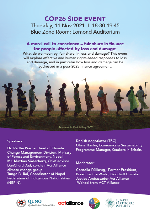 "Fair share" and #HumanRights need to be central to how we address #LossAndDamage, particularly in a post-2025 financial agreement. 

Join our next #COP26 side event, co-hosted by <a href="/QuakerUNOffice/">QUNO</a>, <a href="/ACTAlliance/">ACT Alliance</a>, <a href="/FWCCWorldOffice/">Friends World Committee</a>, and @QuakerEarthcare.