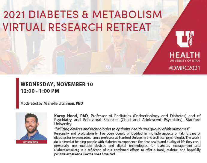UtahCMH's tweet photo. Day 3 of the #DMRC2021 retreat starts in just over an hour. Dr. Korey Hood (@hoodkore) joins us today from @Stanford to discuss "Utilizing devices and technologies to optimize health and quality of life outcomes" https://t.co/lMHm5SzcCC