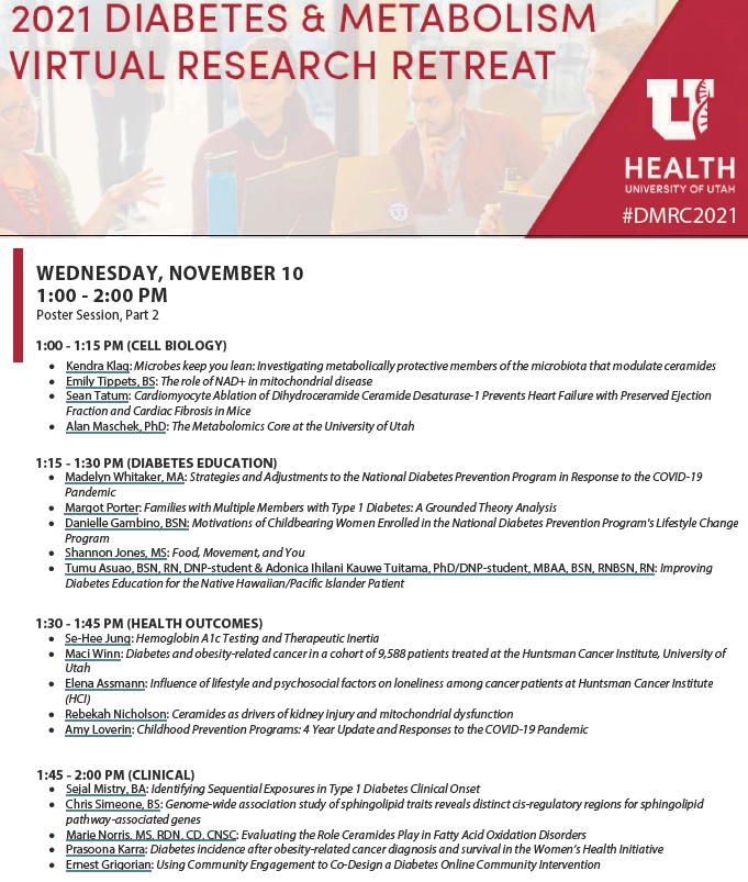 UtahCMH's tweet photo. Part 2 of our poster sessions is happening right after our keynote. We can't wait for another great discussion at the #DMRC2021 retreat! https://t.co/LIwqtaSPW8