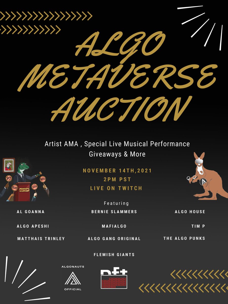 ALGONFTnet's tweet photo. Who's ready for the 2nd $algo #NFT Metaverse Auction!?
Featuring @al_goanna @HoustonCrypto1 @GalazkaAndrew @Algo_Apeshi @mafialgo @algoTimP @MatthiasTrinley @AlgoGangOrigin @TheAlgoPunks @Flemish_Giants
 Live Performance by @seawillpdx!

Twitch link coming soon on the site! https://t.co/uHEo6tbuzO