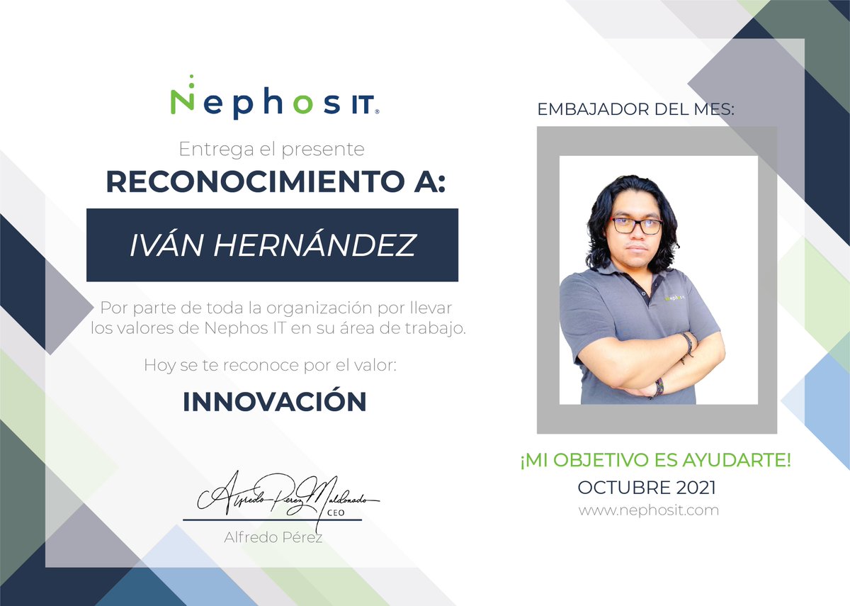 nephosit's tweet photo. 🏅Embajador Nephos IT🏅

En Nephos IT felicitamos a Iván Hernández por su nombramiento como Embajador, destacando su INNOVACIÓN en el desempeño de su trabajo, un valor fundamental para nuestra organización. ¡Excelente Trabajo Iván! 🥳🎊🎉 https://t.co/pZF50oI2sx